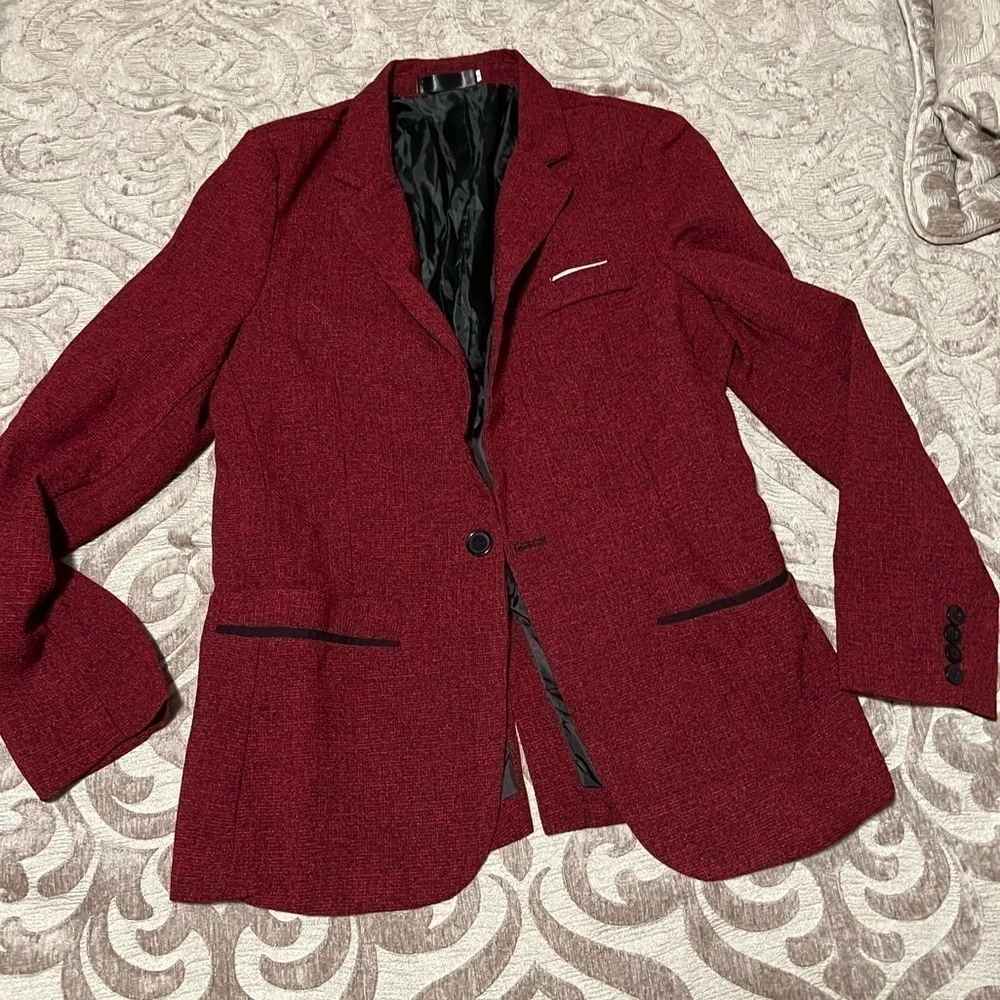 Women's Tweed Herringbone Blazer Jacket - Wine Red Classic Vintage, Size L